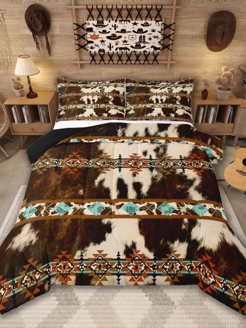 Cowhide Comforter Set Western Bedding Set,Brown Cow Print Quilt Exotic Diamond A
